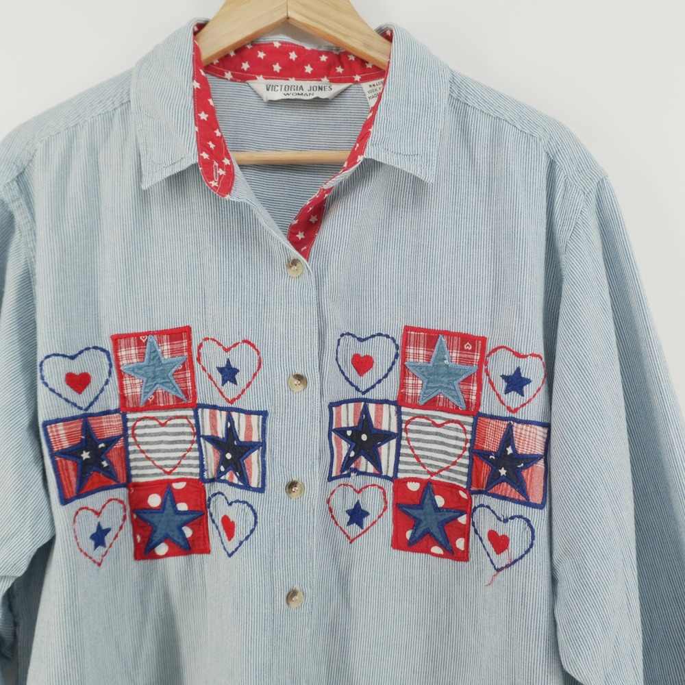 Victoria Jones Shirt Womens 20W Blue Pinstripe Americana Stars Hearts Patchwork